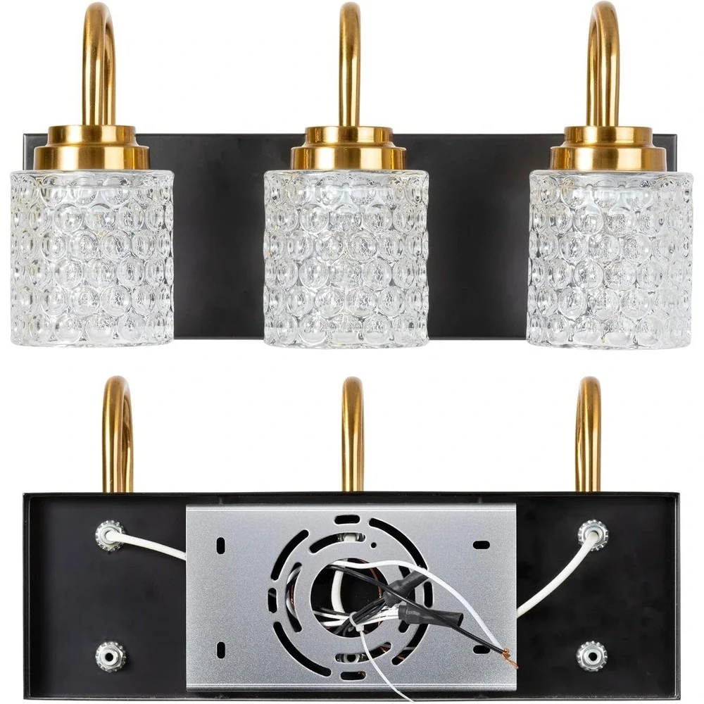 3-Light Crystal Bathroom Vanity Light, Black and Gold Vanity Lights for Bathroom